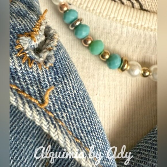 Pearls and blue gemstones Colorblock beaded short necklace - Picture 2 of 4